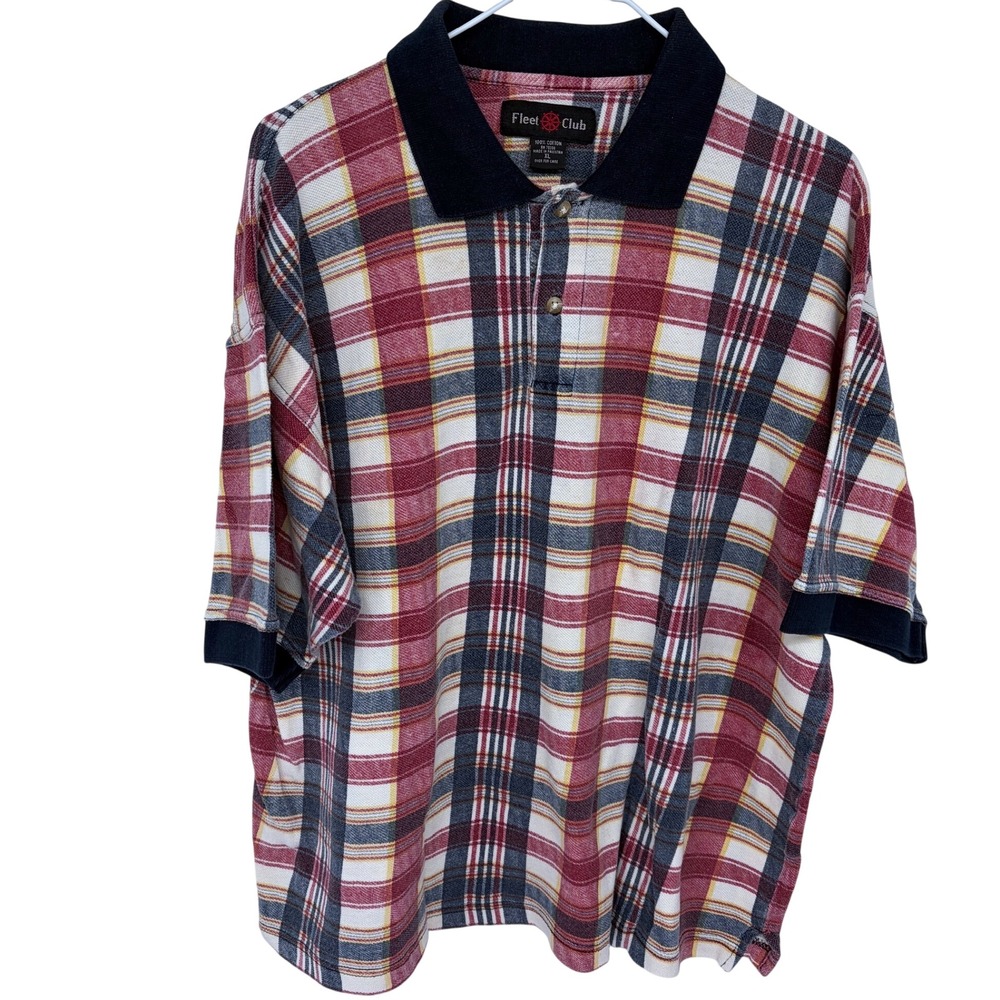 Vintage Fleet Club Plaid Polo Shirt XL Mens Ringer Navy Red White Yellow Vtg 90s